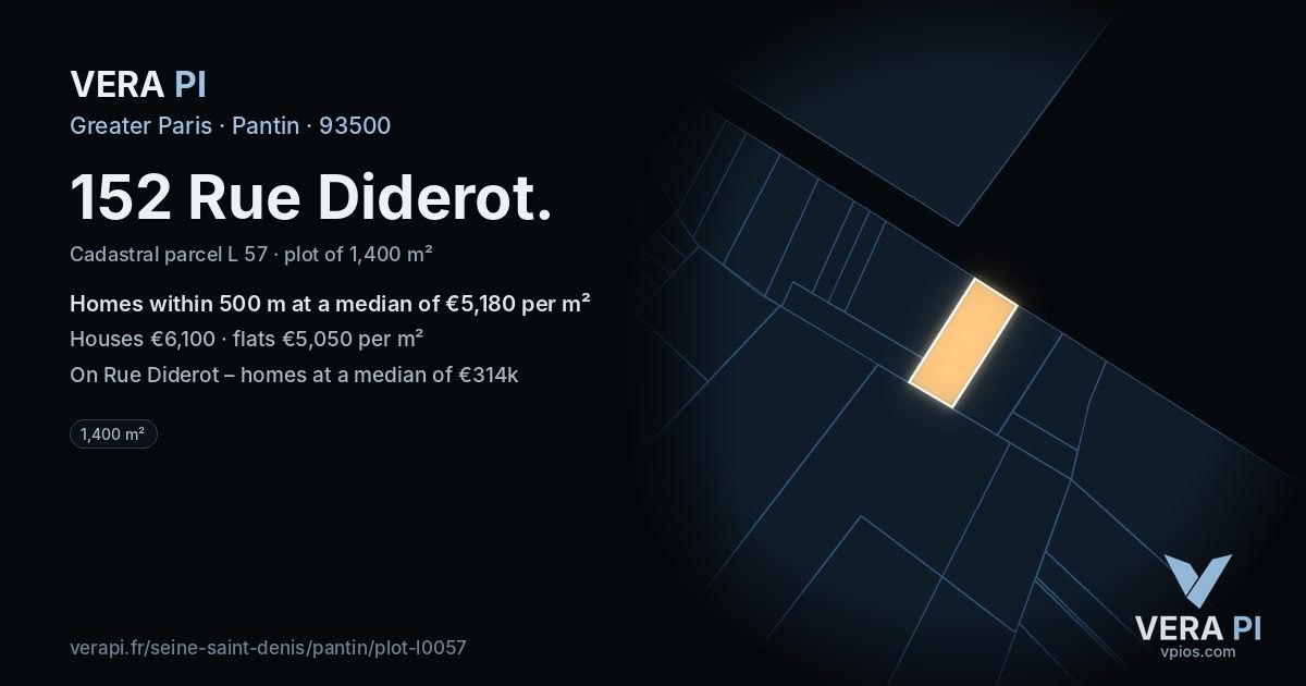 152 Rue Diderot, Pantin at night – the plot lit, the parcels around coloured by the prices near them
