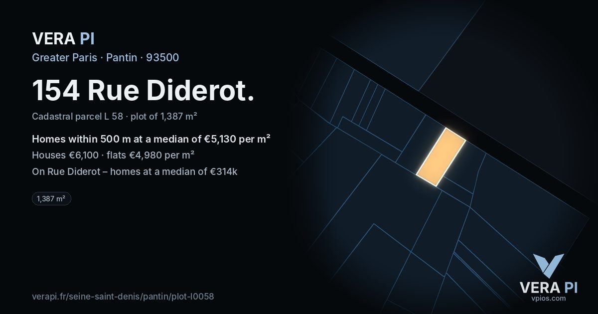 154 Rue Diderot, Pantin at night – the plot lit, the parcels around coloured by the prices near them