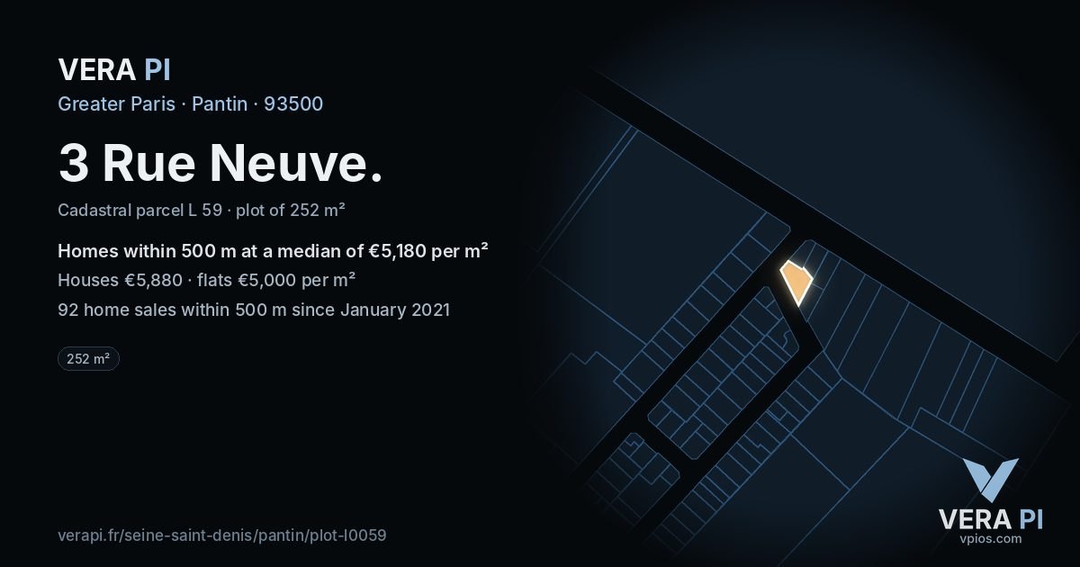 3 Rue Neuve, Pantin at night – the plot lit, the parcels around coloured by the prices near them