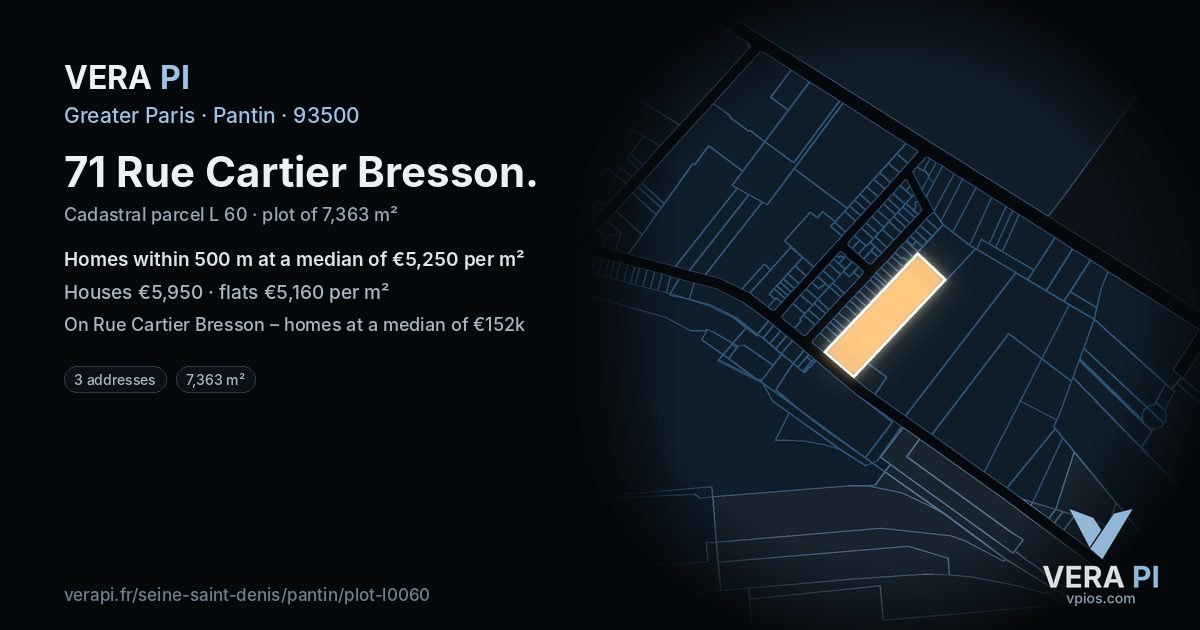 71 Rue Cartier Bresson, Pantin at night – the plot lit, the parcels around coloured by the prices near them