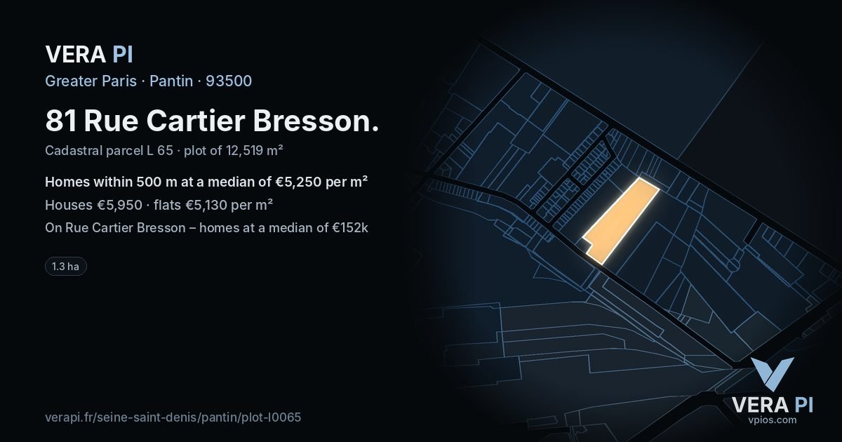 81 Rue Cartier Bresson, Pantin at night – the plot lit, the parcels around coloured by the prices near them
