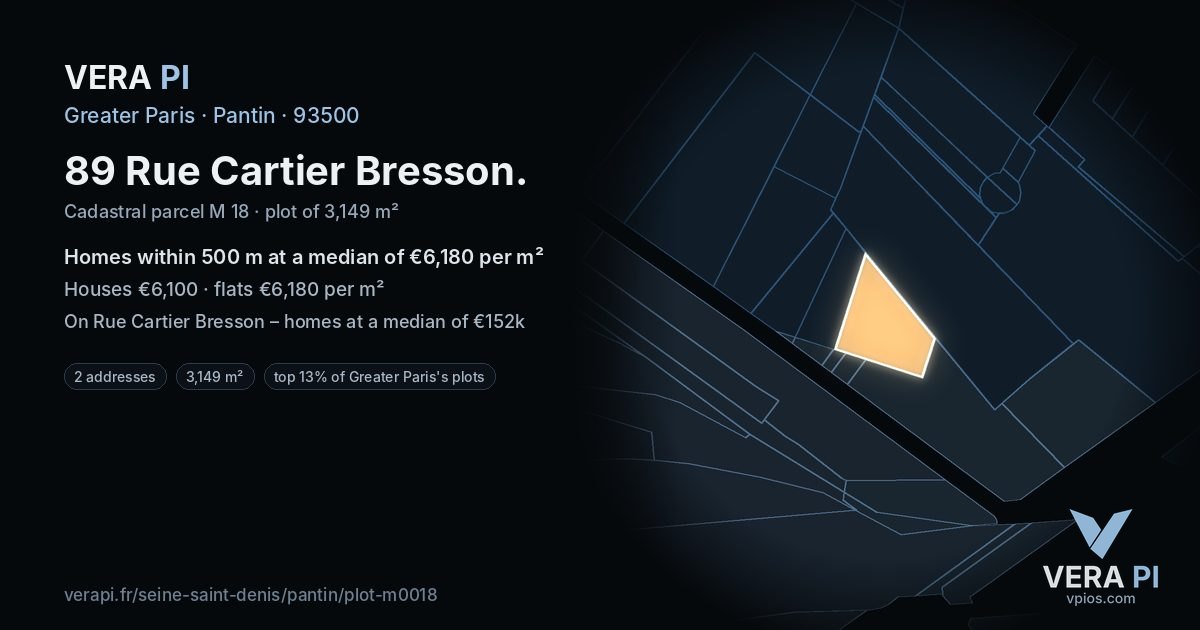 89 Rue Cartier Bresson, Pantin at night – the plot lit, the parcels around coloured by the prices near them