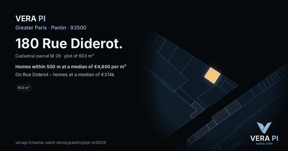 180 Rue Diderot, Pantin at night – the plot lit, the parcels around coloured by the prices near them