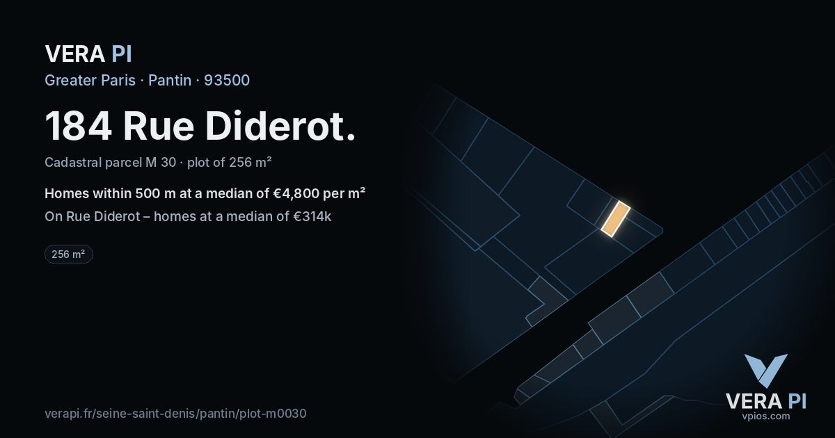 184 Rue Diderot, Pantin at night – the plot lit, the parcels around coloured by the prices near them