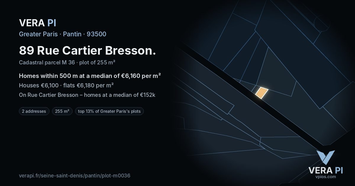 89 Rue Cartier Bresson, Pantin at night – the plot lit, the parcels around coloured by the prices near them