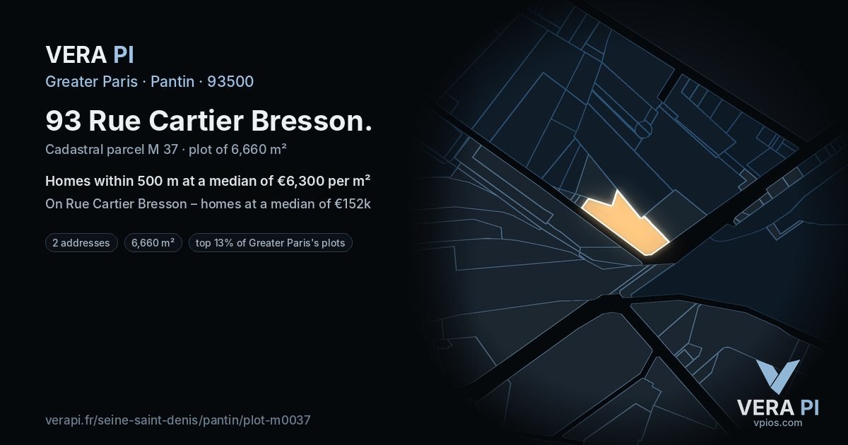 93 Rue Cartier Bresson, Pantin at night – the plot lit, the parcels around coloured by the prices near them