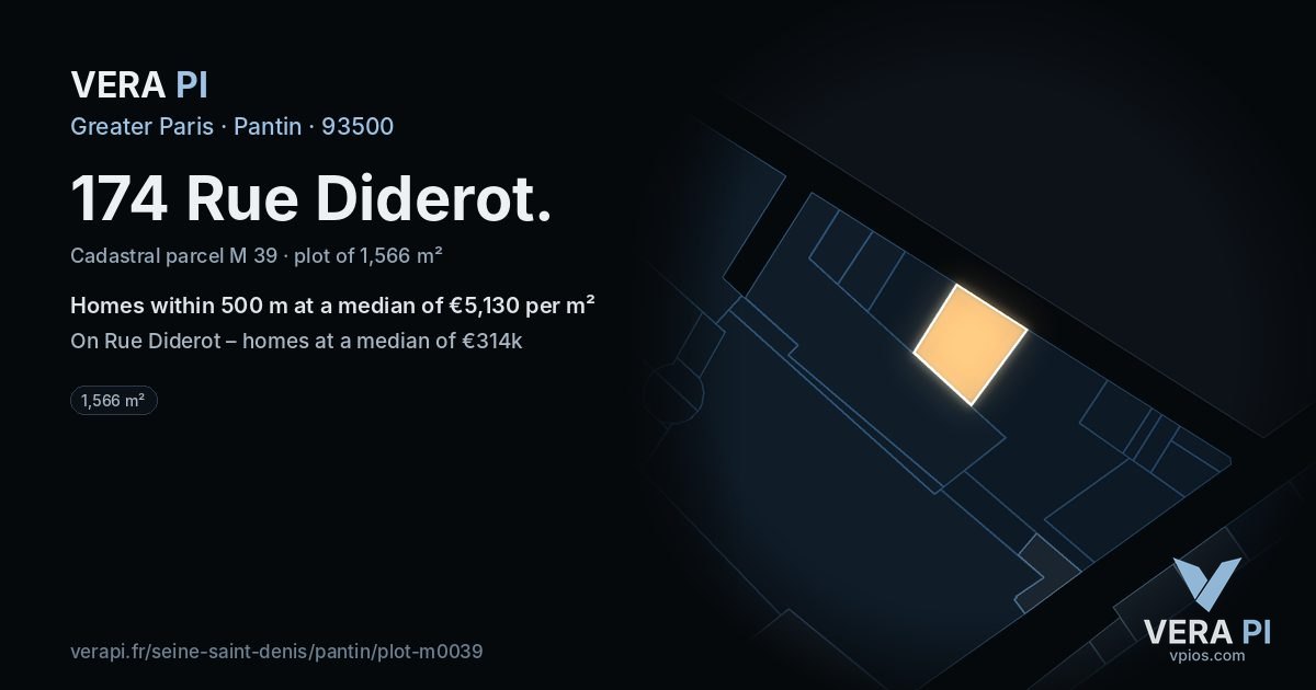 174 Rue Diderot, Pantin at night – the plot lit, the parcels around coloured by the prices near them