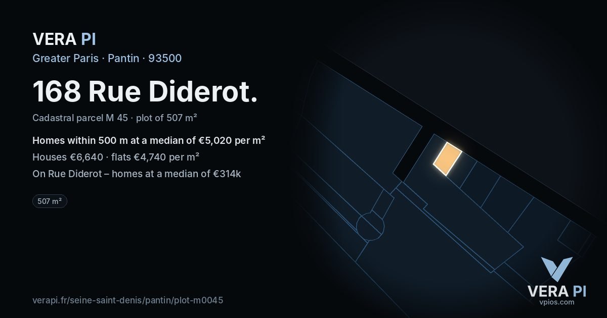 168 Rue Diderot, Pantin at night – the plot lit, the parcels around coloured by the prices near them