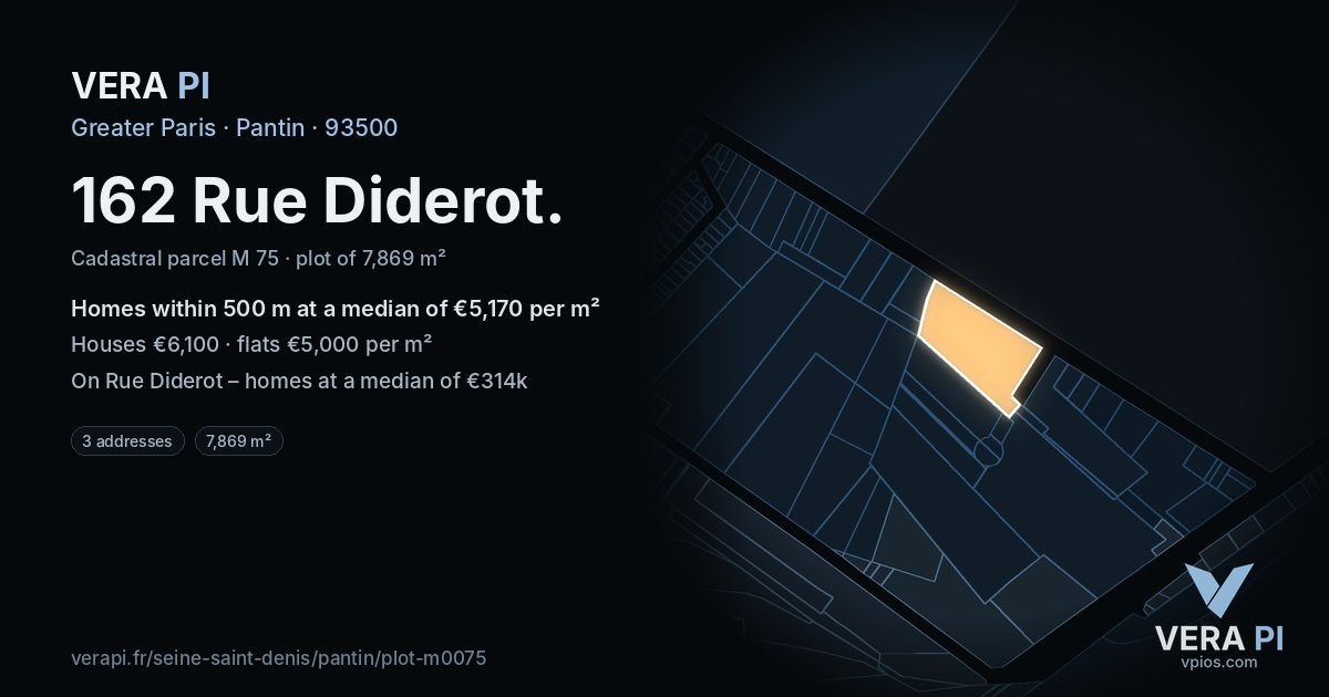 162 Rue Diderot, Pantin at night – the plot lit, the parcels around coloured by the prices near them