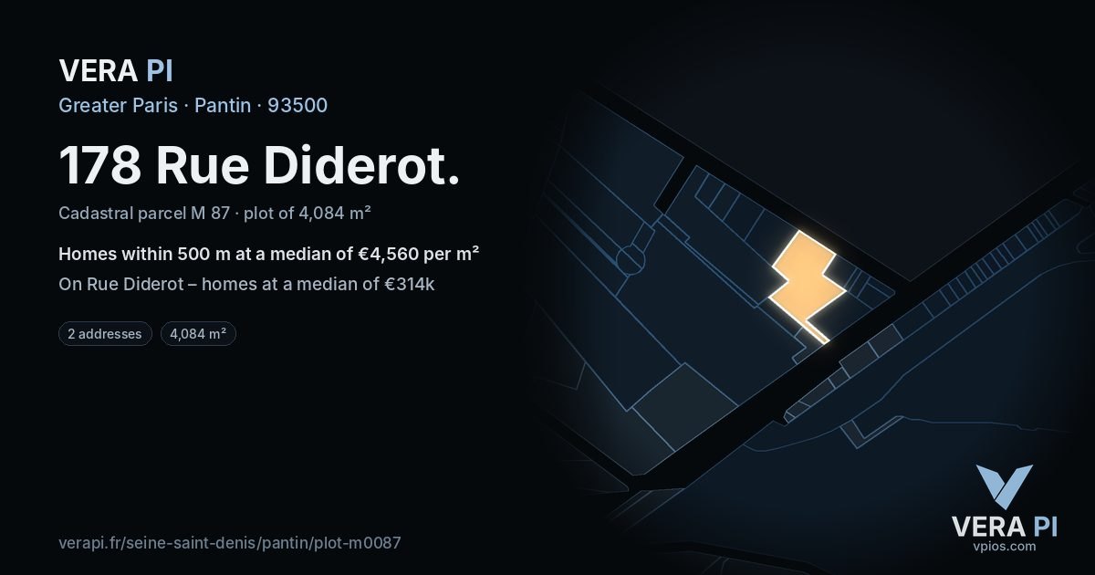 178 Rue Diderot, Pantin at night – the plot lit, the parcels around coloured by the prices near them