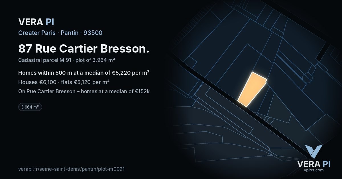 87 Rue Cartier Bresson, Pantin at night – the plot lit, the parcels around coloured by the prices near them