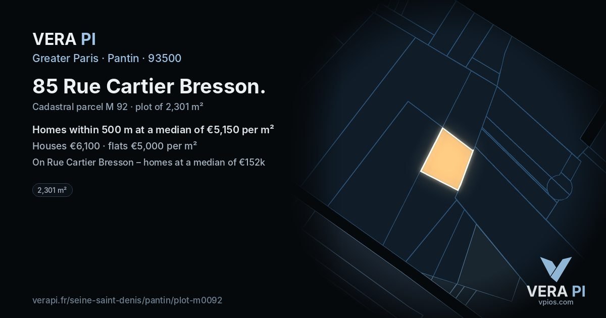 85 Rue Cartier Bresson, Pantin at night – the plot lit, the parcels around coloured by the prices near them