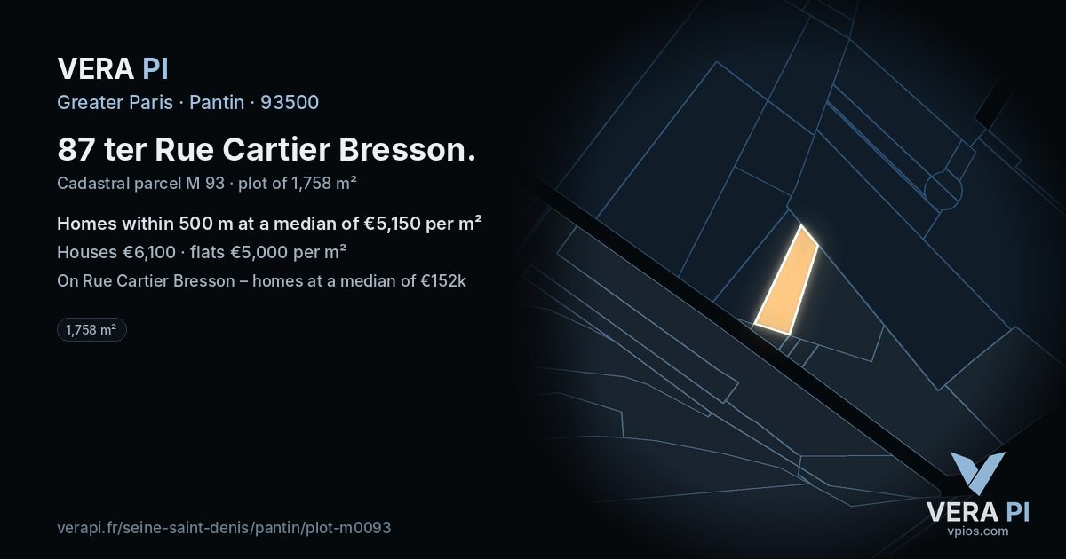 87 ter Rue Cartier Bresson, Pantin at night – the plot lit, the parcels around coloured by the prices near them