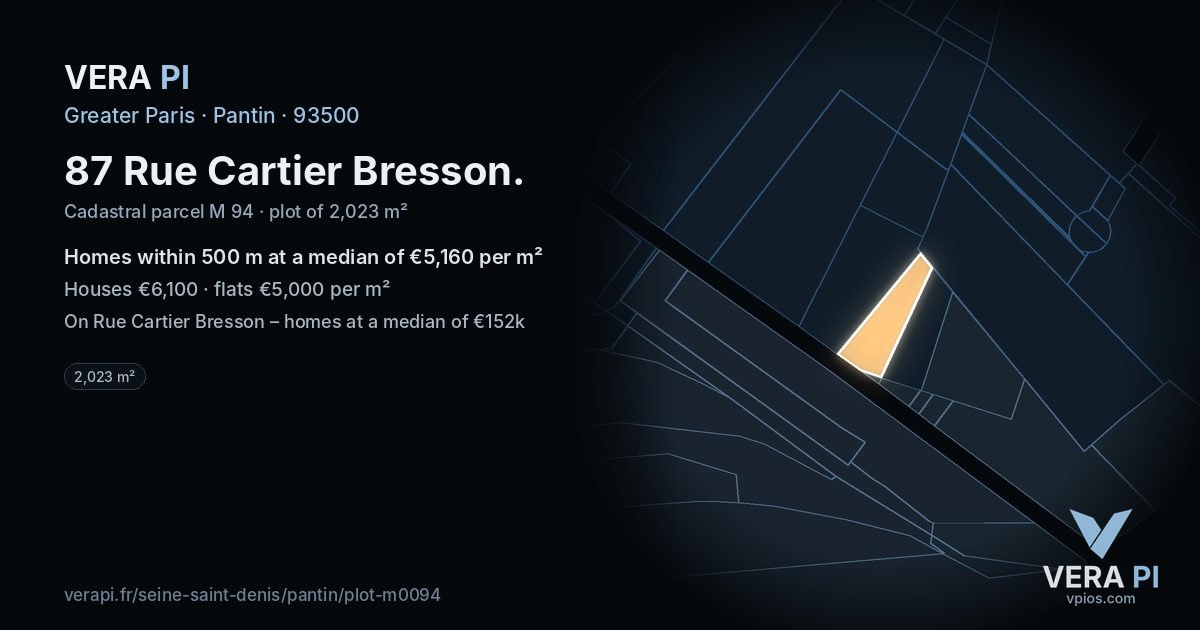 87 Rue Cartier Bresson, Pantin at night – the plot lit, the parcels around coloured by the prices near them