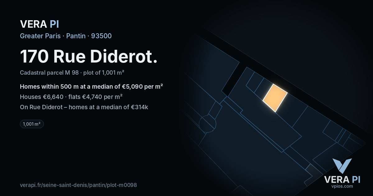 170 Rue Diderot, Pantin at night – the plot lit, the parcels around coloured by the prices near them