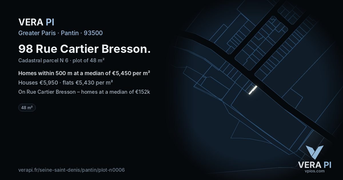 98 Rue Cartier Bresson, Pantin at night – the plot lit, the parcels around coloured by the prices near them