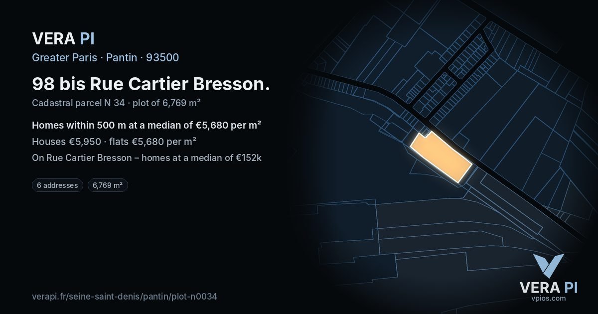 98 bis Rue Cartier Bresson, Pantin at night – the plot lit, the parcels around coloured by the prices near them