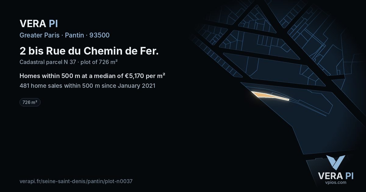 2 bis Rue du Chemin de Fer, Pantin at night – the plot lit, the parcels around coloured by the prices near them