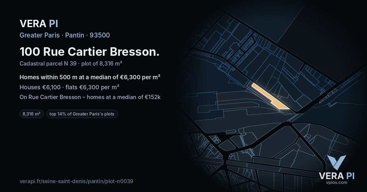 100 Rue Cartier Bresson, Pantin at night – the plot lit, the parcels around coloured by the prices near them