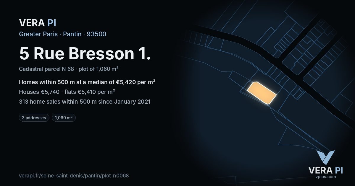 5 Rue Bresson 1, Pantin at night – the plot lit, the parcels around coloured by the prices near them