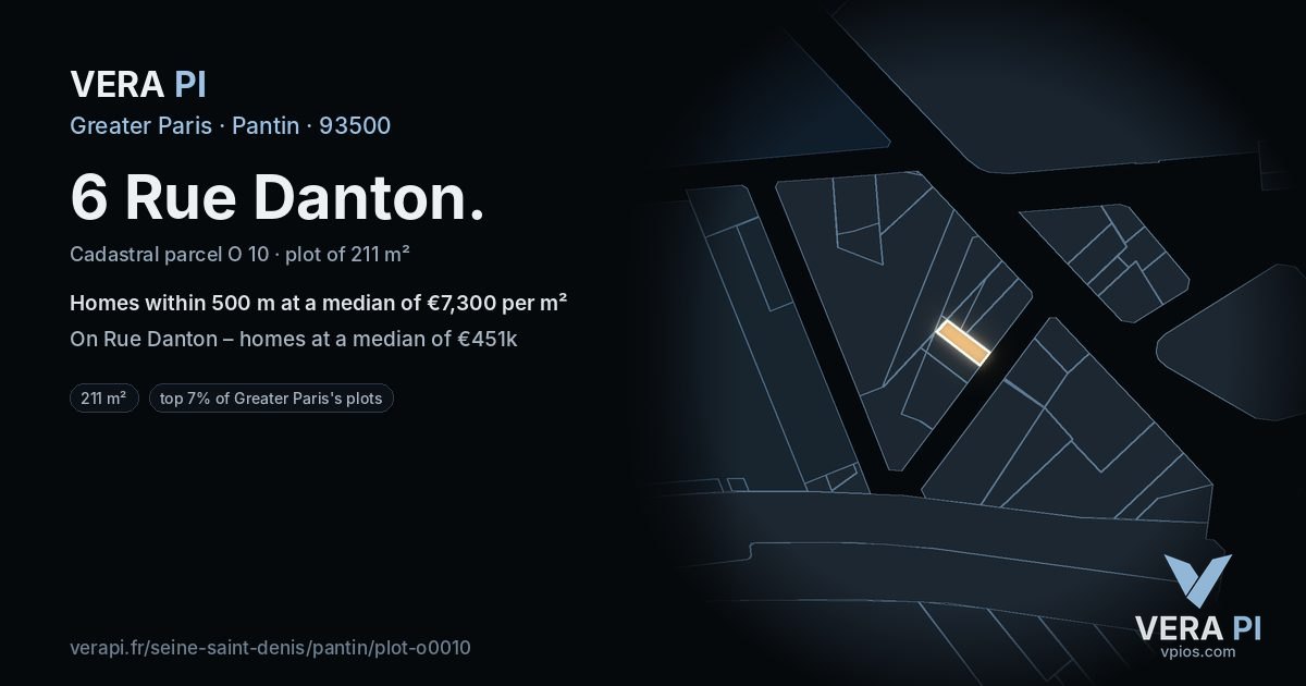 6 Rue Danton, Pantin at night – the plot lit, the parcels around coloured by the prices near them