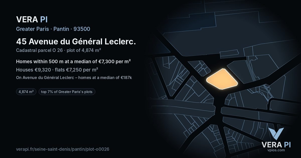 45 Avenue du Général Leclerc, Pantin at night – the plot lit, the parcels around coloured by the prices near them