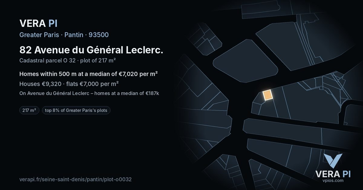 82 Avenue du Général Leclerc, Pantin at night – the plot lit, the parcels around coloured by the prices near them