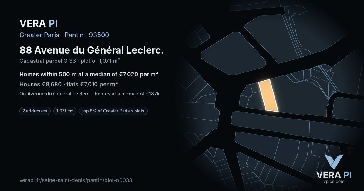 88 Avenue du Général Leclerc, Pantin at night – the plot lit, the parcels around coloured by the prices near them
