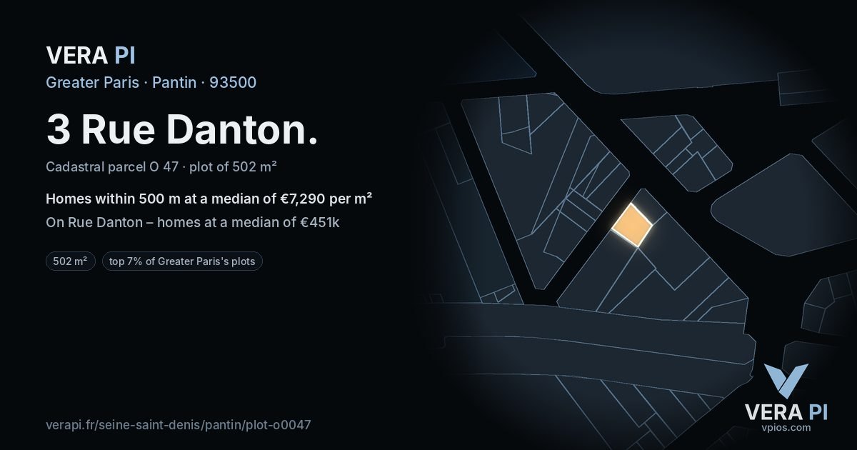 3 Rue Danton, Pantin at night – the plot lit, the parcels around coloured by the prices near them