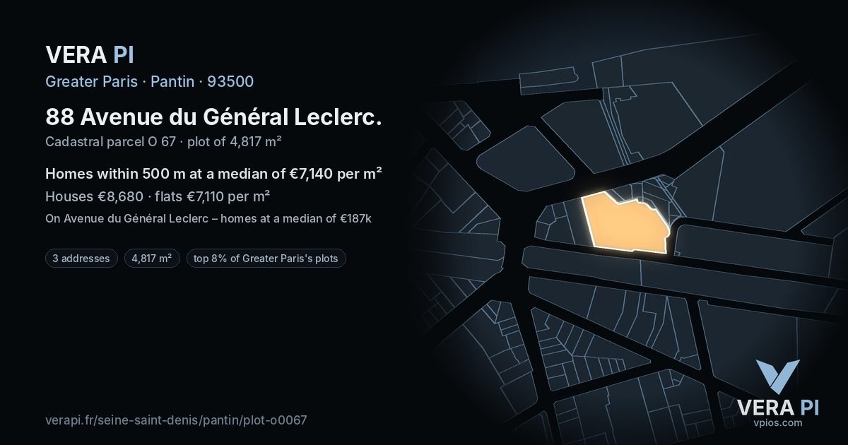 88 Avenue du Général Leclerc, Pantin at night – the plot lit, the parcels around coloured by the prices near them