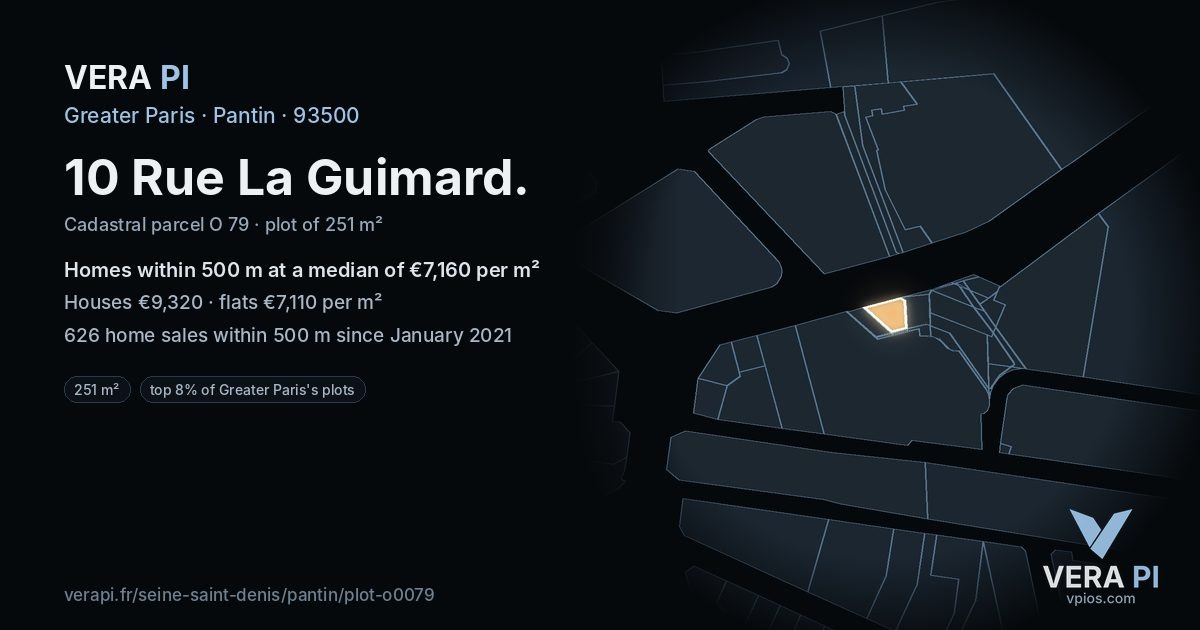 10 Rue La Guimard, Pantin at night – the plot lit, the parcels around coloured by the prices near them
