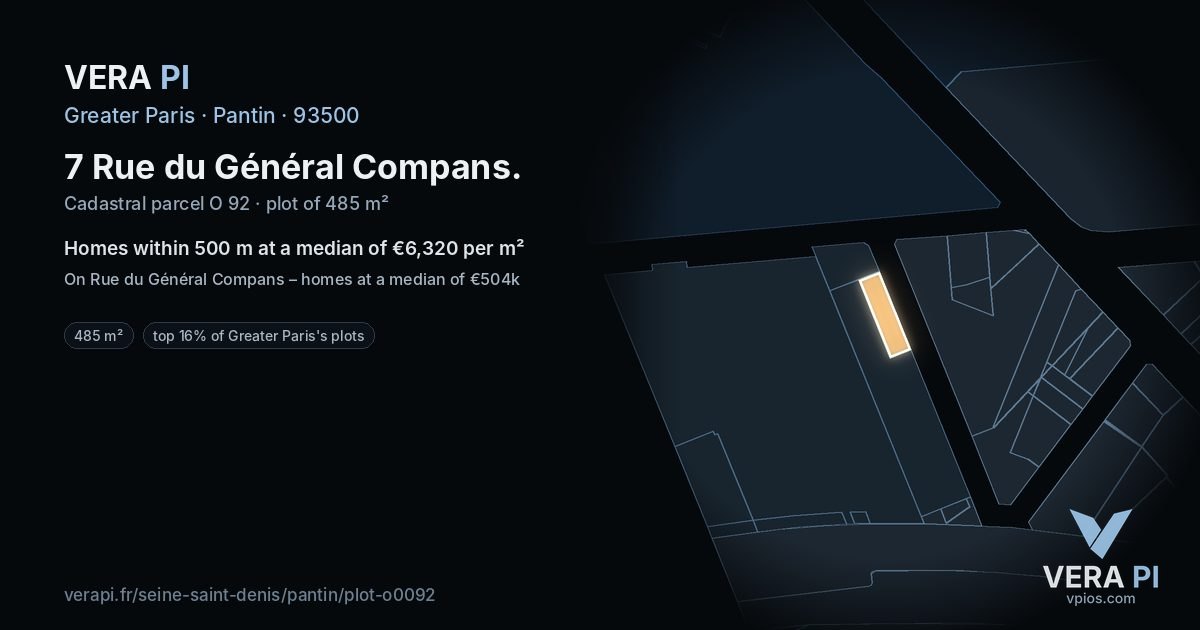 7 Rue du Général Compans, Pantin at night – the plot lit, the parcels around coloured by the prices near them