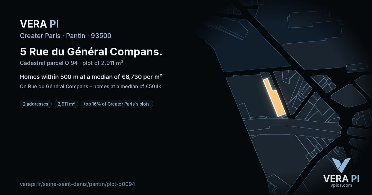 5 Rue du Général Compans, Pantin at night – the plot lit, the parcels around coloured by the prices near them