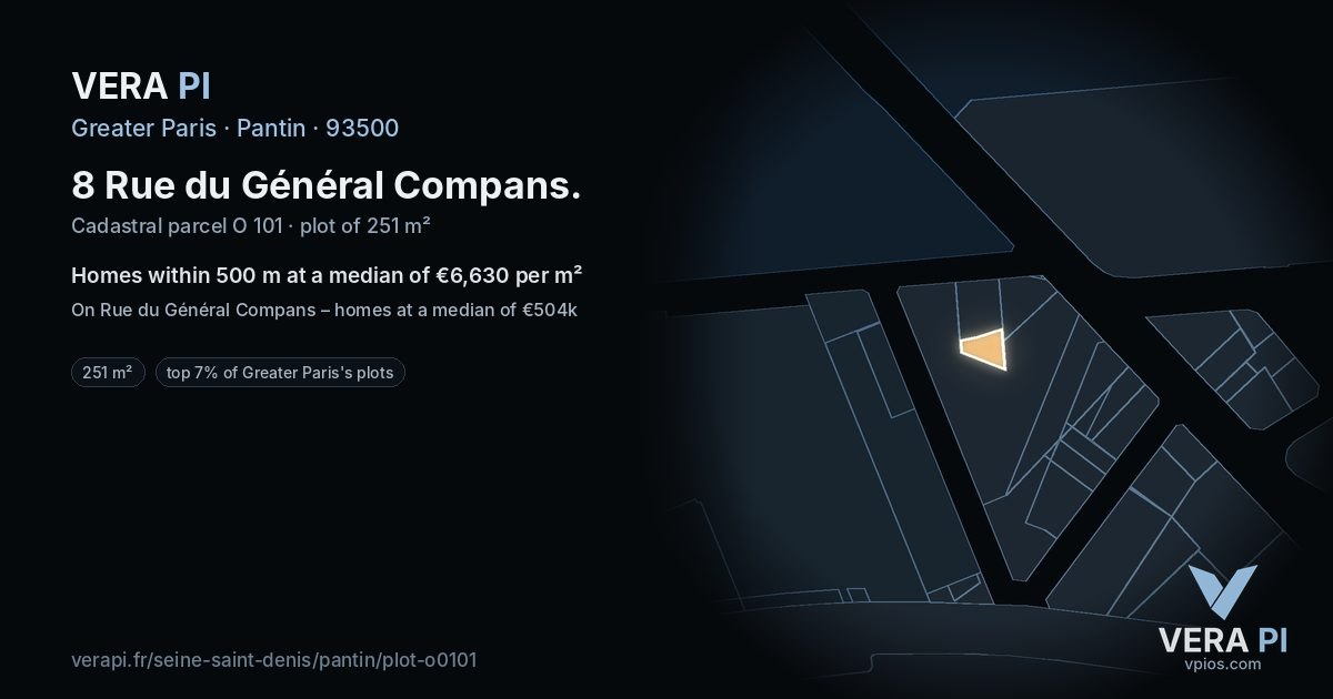 8 Rue du Général Compans, Pantin at night – the plot lit, the parcels around coloured by the prices near them