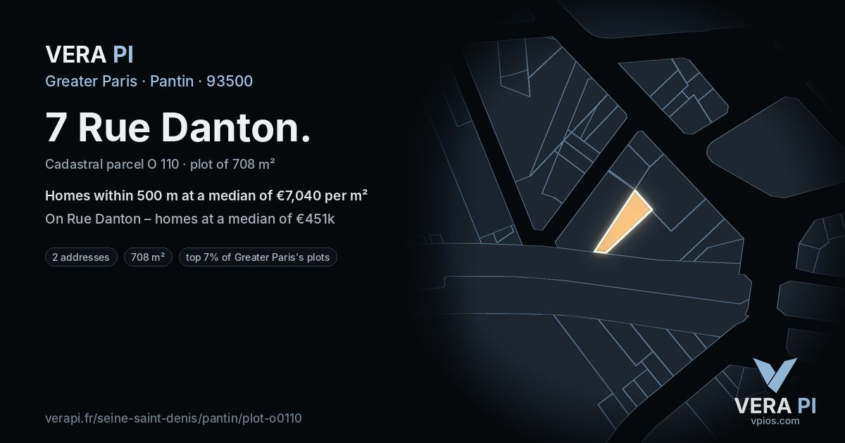 7 Rue Danton, Pantin at night – the plot lit, the parcels around coloured by the prices near them