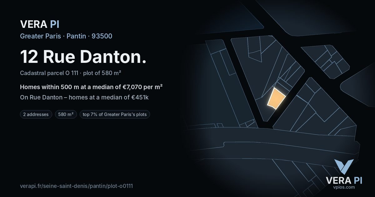 12 Rue Danton, Pantin at night – the plot lit, the parcels around coloured by the prices near them