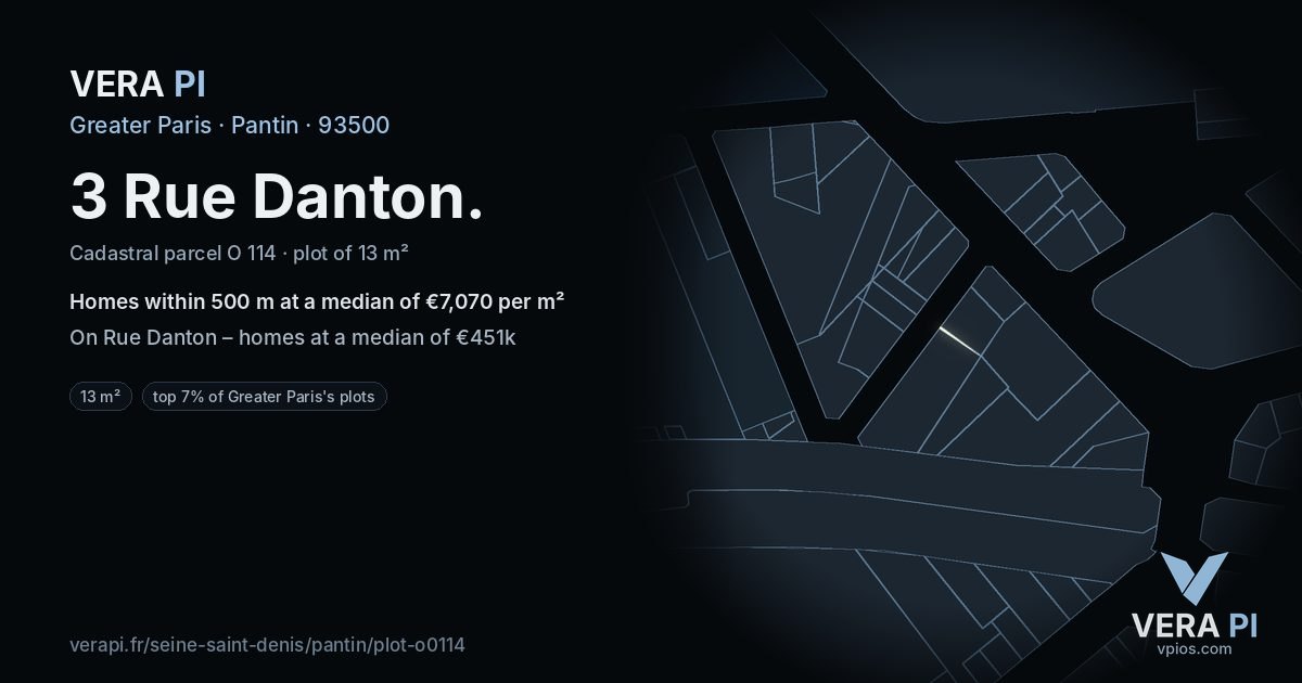 3 Rue Danton, Pantin at night – the plot lit, the parcels around coloured by the prices near them