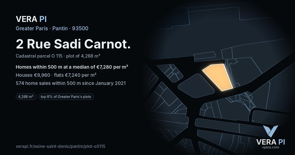 2 Rue Sadi Carnot, Pantin at night – the plot lit, the parcels around coloured by the prices near them