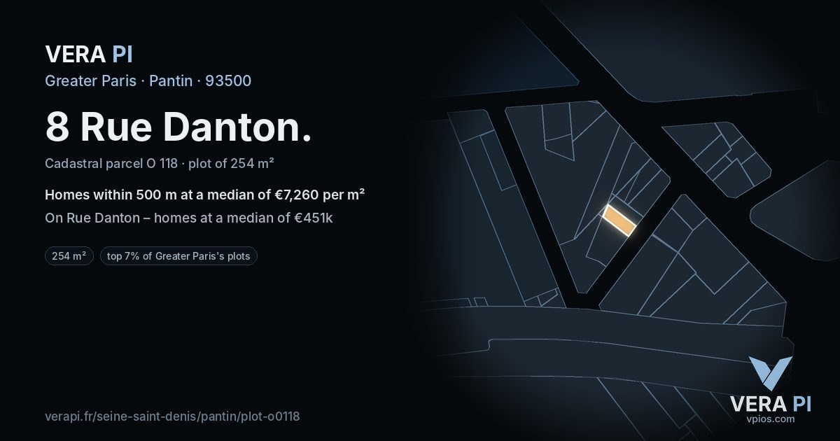 8 Rue Danton, Pantin at night – the plot lit, the parcels around coloured by the prices near them