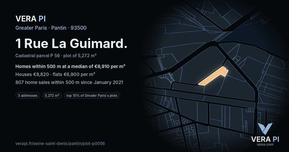 1 Rue La Guimard, Pantin at night – the plot lit, the parcels around coloured by the prices near them