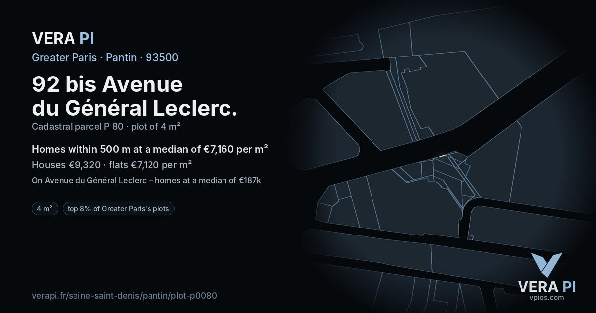 92 bis Avenue du Général Leclerc, Pantin at night – the plot lit, the parcels around coloured by the prices near them