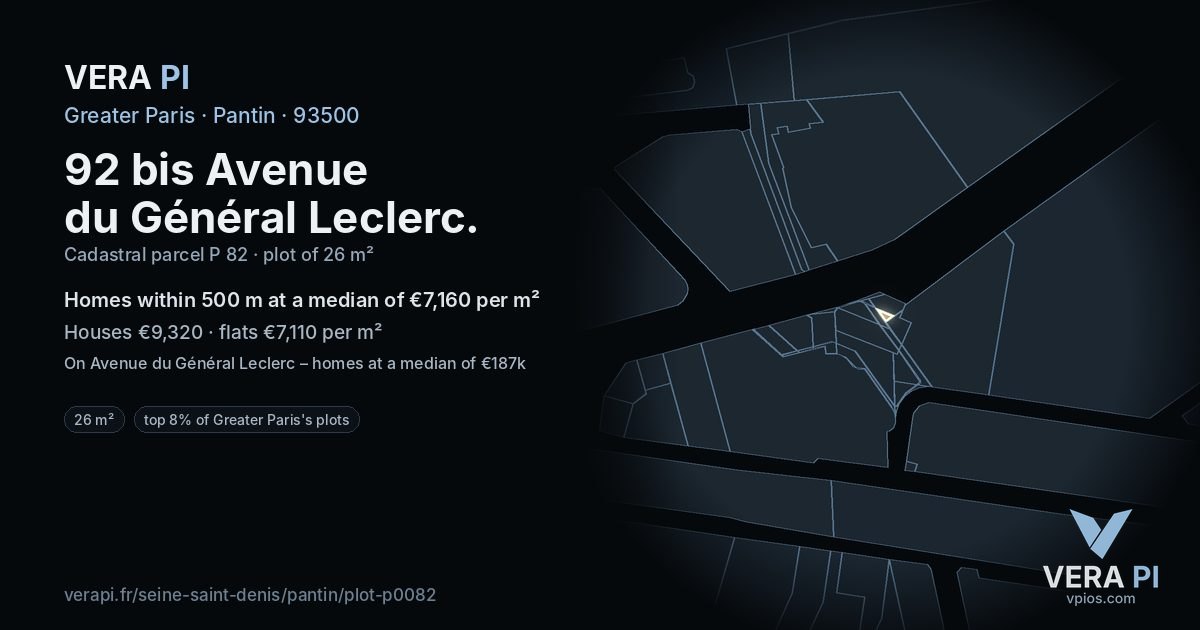92 bis Avenue du Général Leclerc, Pantin at night – the plot lit, the parcels around coloured by the prices near them