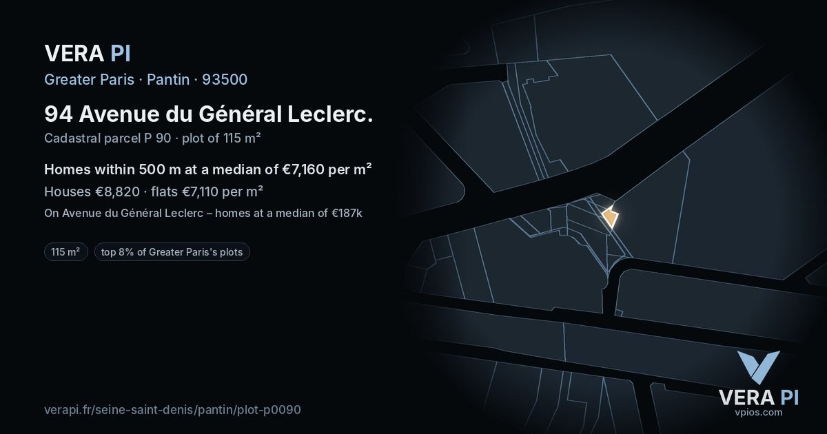 94 Avenue du Général Leclerc, Pantin at night – the plot lit, the parcels around coloured by the prices near them