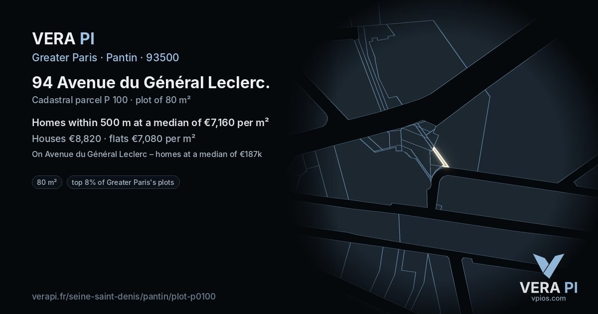 94 Avenue du Général Leclerc, Pantin at night – the plot lit, the parcels around coloured by the prices near them