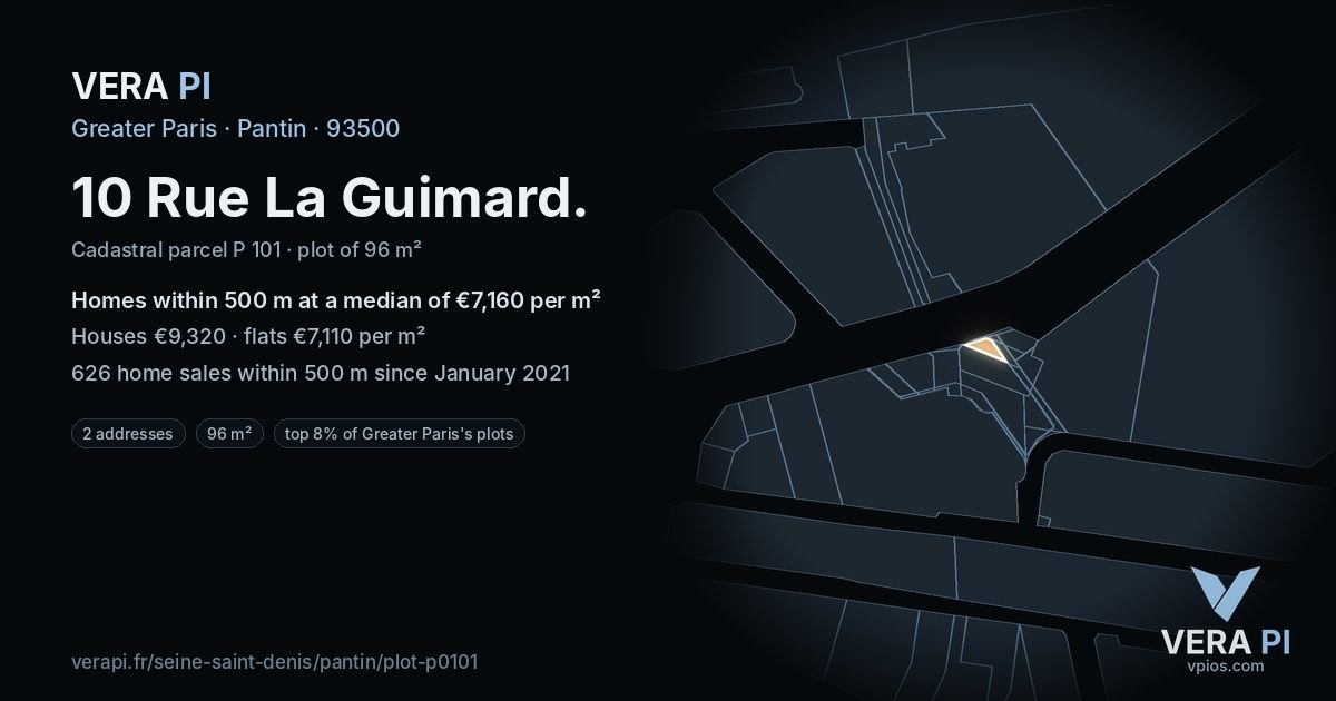 10 Rue La Guimard, Pantin at night – the plot lit, the parcels around coloured by the prices near them