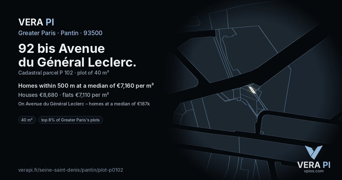 92 bis Avenue du Général Leclerc, Pantin at night – the plot lit, the parcels around coloured by the prices near them
