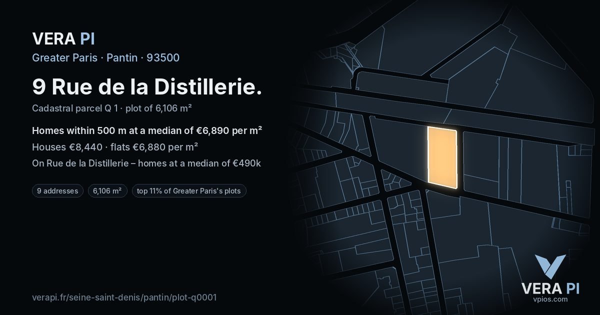 9 Rue de la Distillerie, Pantin at night – the plot lit, the parcels around coloured by the prices near them