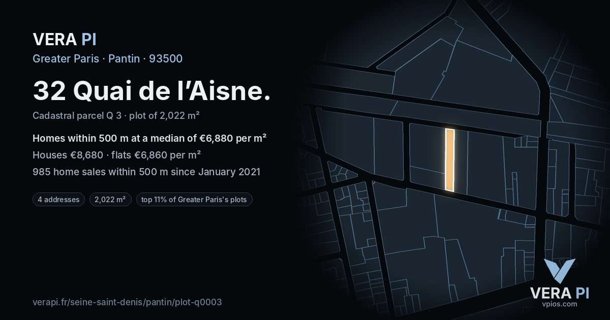 32 Quai de l’Aisne, Pantin at night – the plot lit, the parcels around coloured by the prices near them