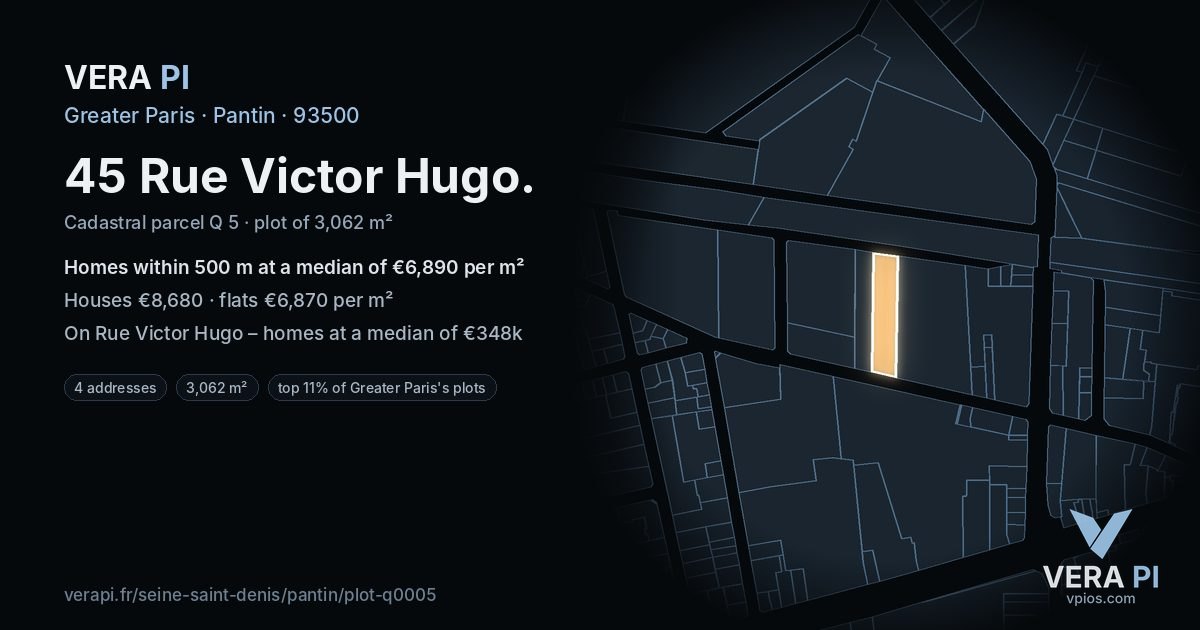 45 Rue Victor Hugo, Pantin at night – the plot lit, the parcels around coloured by the prices near them