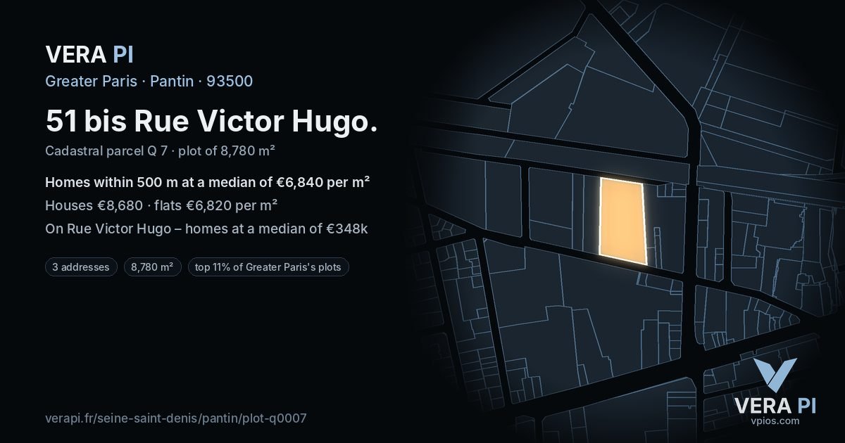 51 bis Rue Victor Hugo, Pantin at night – the plot lit, the parcels around coloured by the prices near them